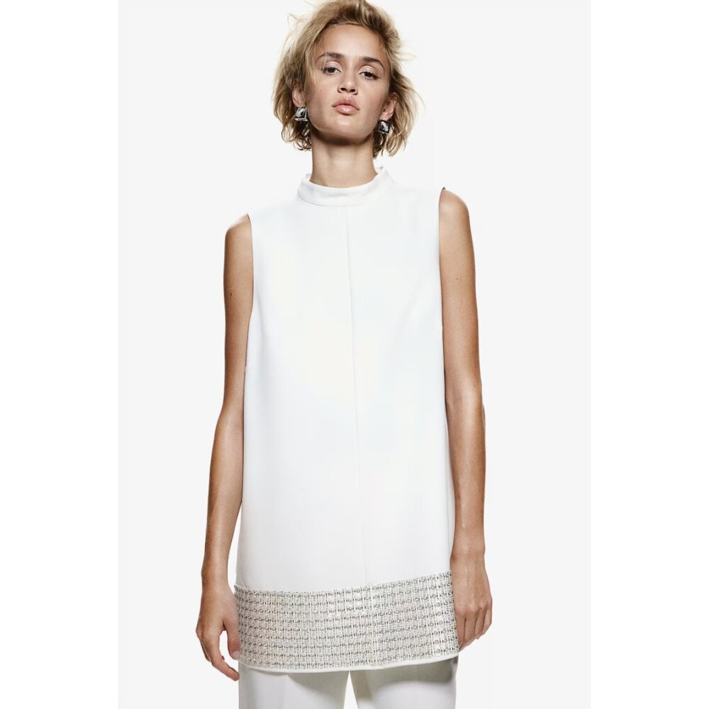 NWT H&M Edition White Sleeveless Bead-Embellished Tunic Top XS Hem Shift